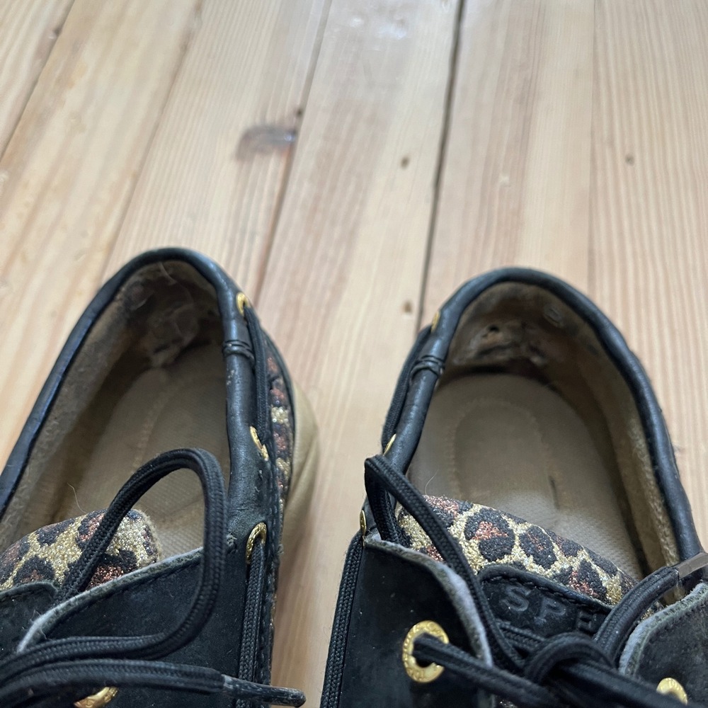 Sperry Top-Sider Angfish Black Leather Leopard Glitter Boat Shoes loafers 6.5 - Picture 8 of 9